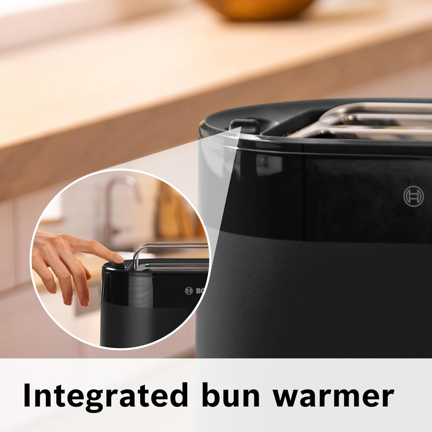 Bosch MyMoment Delight TAT2M123GB - Compact 2-Slice Toaster with Reheat/Defrost, Integrated Bun Warmer, Auto Shut-Off, High Lift and Crumb Tray, in Matte Black