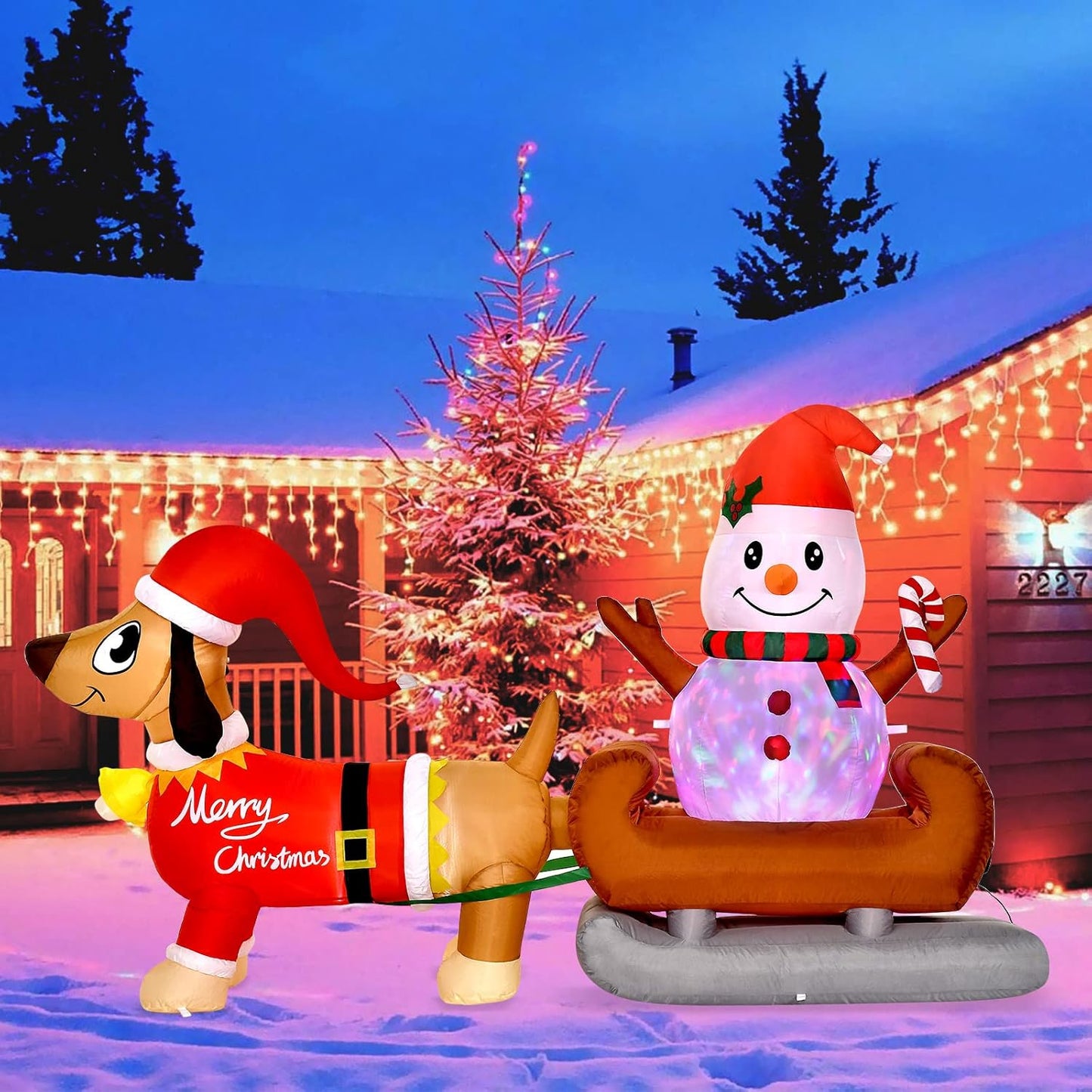 8 Ft Outdoor Inflatable Snowman Christmas Decoration with Rotating LED Lights, Dog Inflatable Xmas Yard Decor