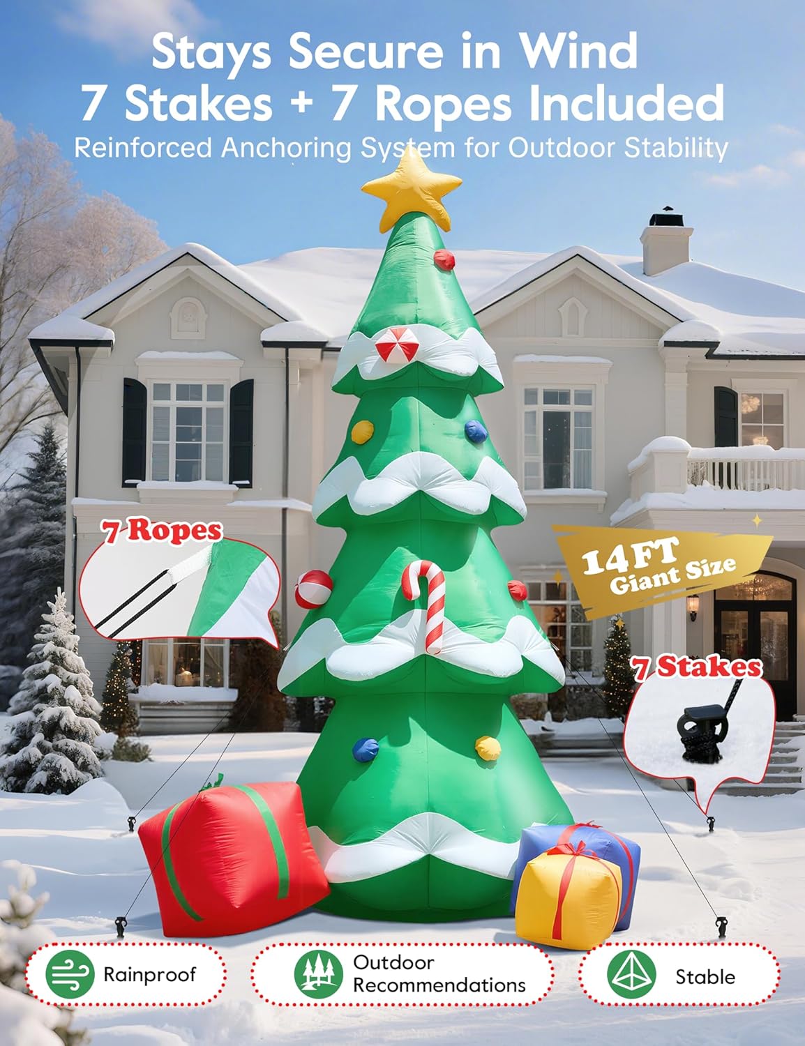 Dawdix 14FT Christmas Tree Inflatable Outdoor Decoration, Giant Christmas Inflatables Tree with 3 Gift Boxes, Lighted Christmas Decoration for Yard, Blow Up Xmas New Year Lawn Decor