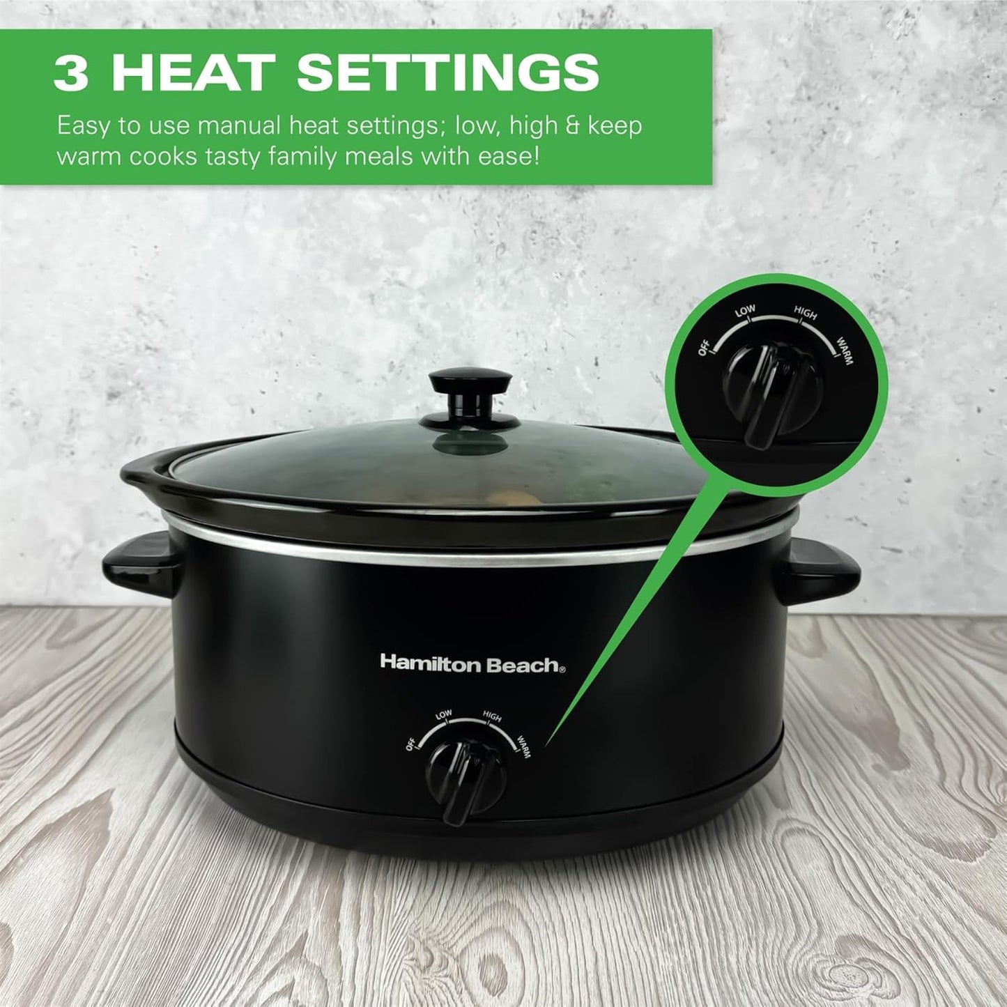 Hamilton Beach 6.5L Family Favourite Slow Cooker, 240W Energy-Efficient Design, Removable Oven-Safe Ceramic Bowl, 3 Heat Settings, Serves 6-8 People, Easy Clean, Black - HBSC070B