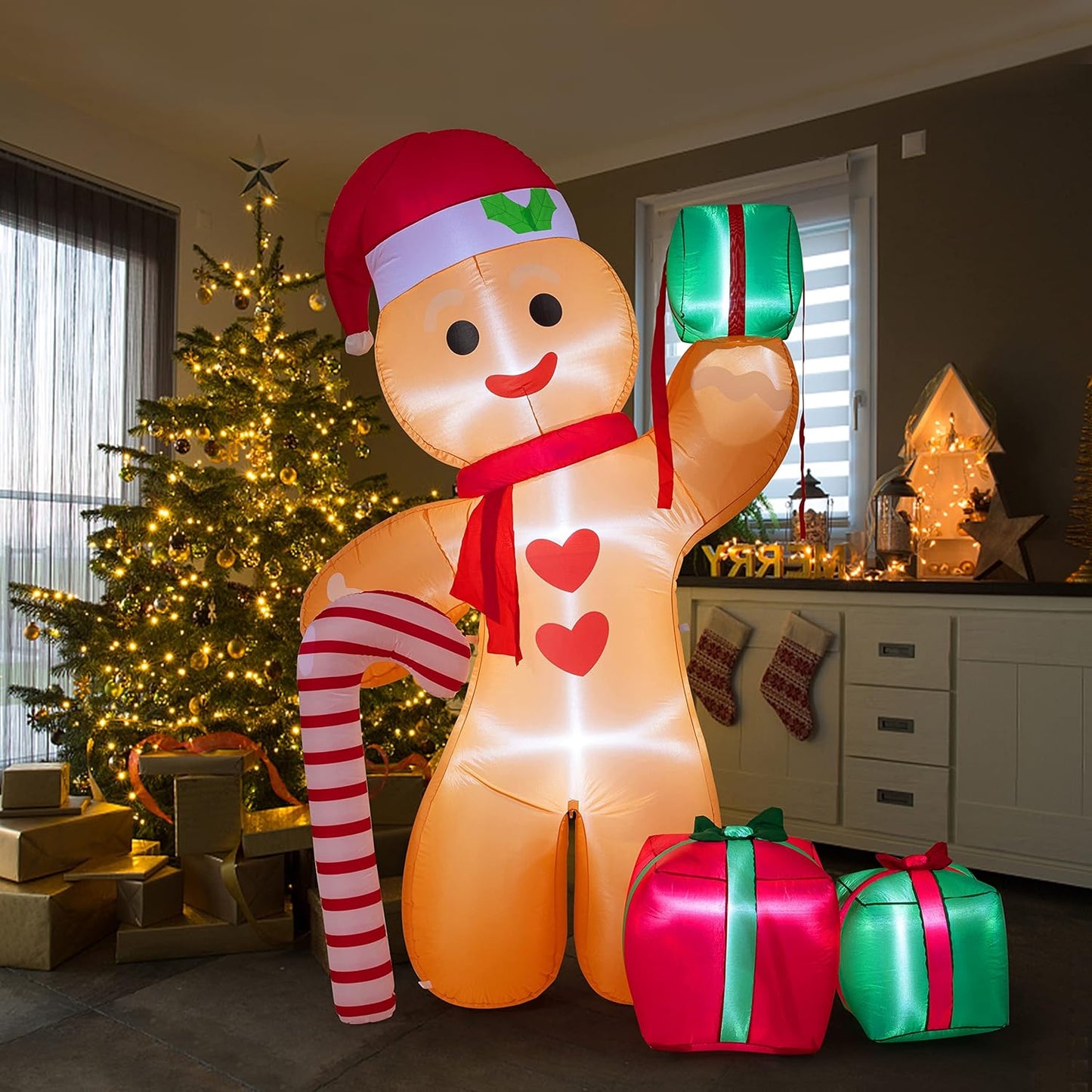 Peyton 8FT Inflatable Gingerbread Man with Candy Cane and Three Gift Boxes,LED Lighted Christmas Decoration Indoor and Outdoor.