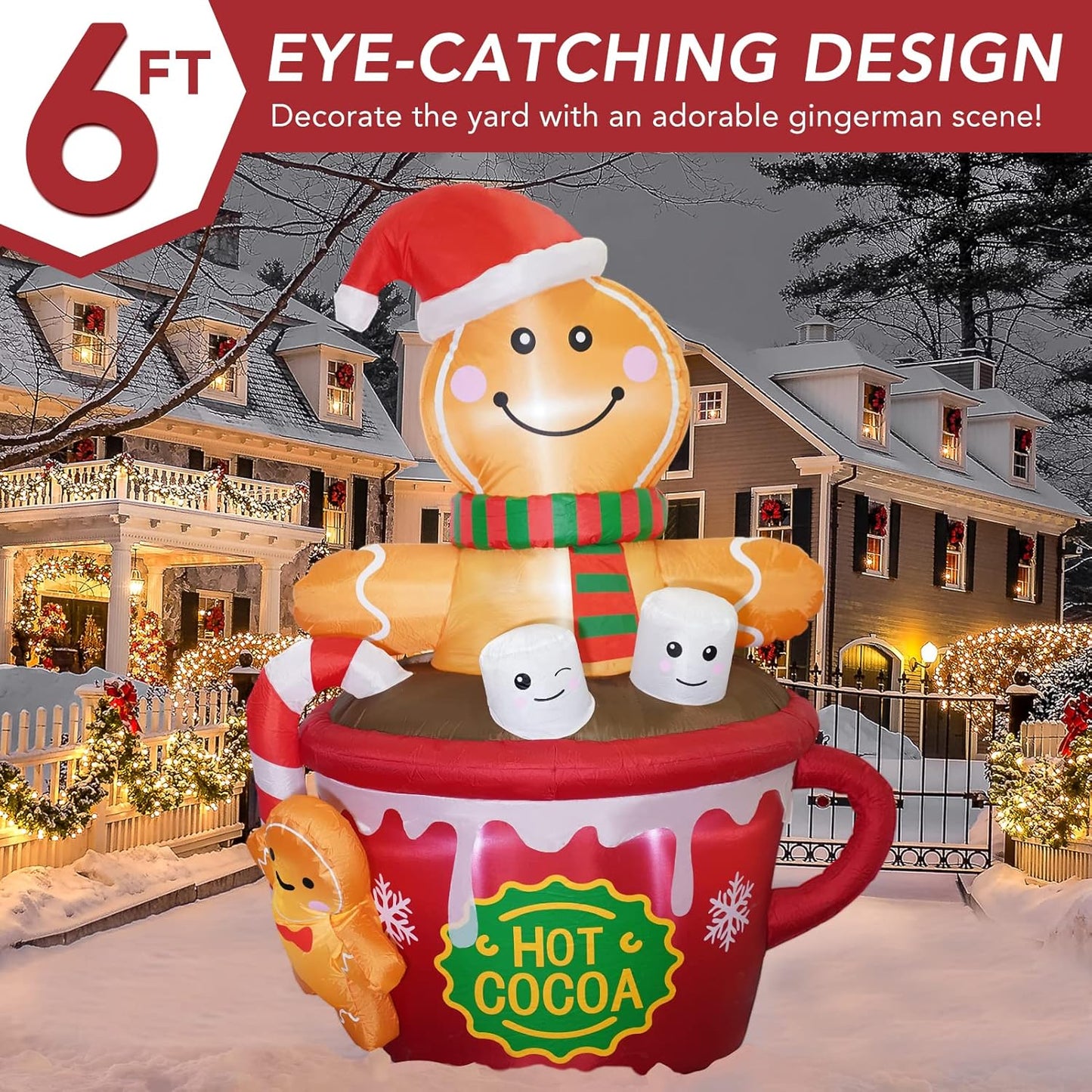 ZPISF 6 FT Christmas Inflatables Outdoor Decorations, Cute Christmas Blow Up Yard Decorations Gingerbread Man in Hot Cocoa Mug Scene for Garden Lawn Xmas Decor
