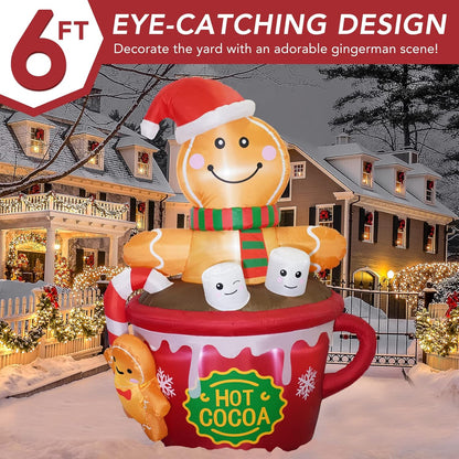 ZPISF 6 FT Christmas Inflatables Outdoor Decorations, Cute Christmas Blow Up Yard Decorations Gingerbread Man in Hot Cocoa Mug Scene for Garden Lawn Xmas Decor