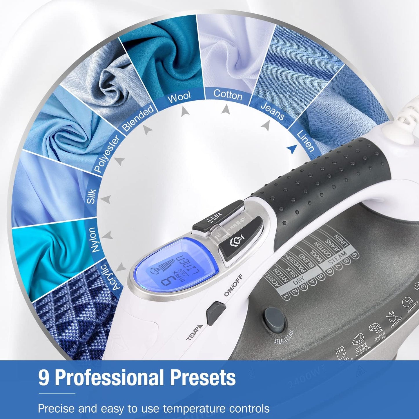 BEAUTURAL 2400 W Steam Iron with LCD Display, Variable Temperature and Double Ceramic Coated Soleplate, 8 ft Power Cord and 340ML Tank-White/Grey