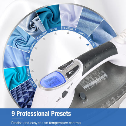 BEAUTURAL 2400 W Steam Iron with LCD Display, Variable Temperature and Double Ceramic Coated Soleplate, 8 ft Power Cord and 340ML Tank-White/Grey