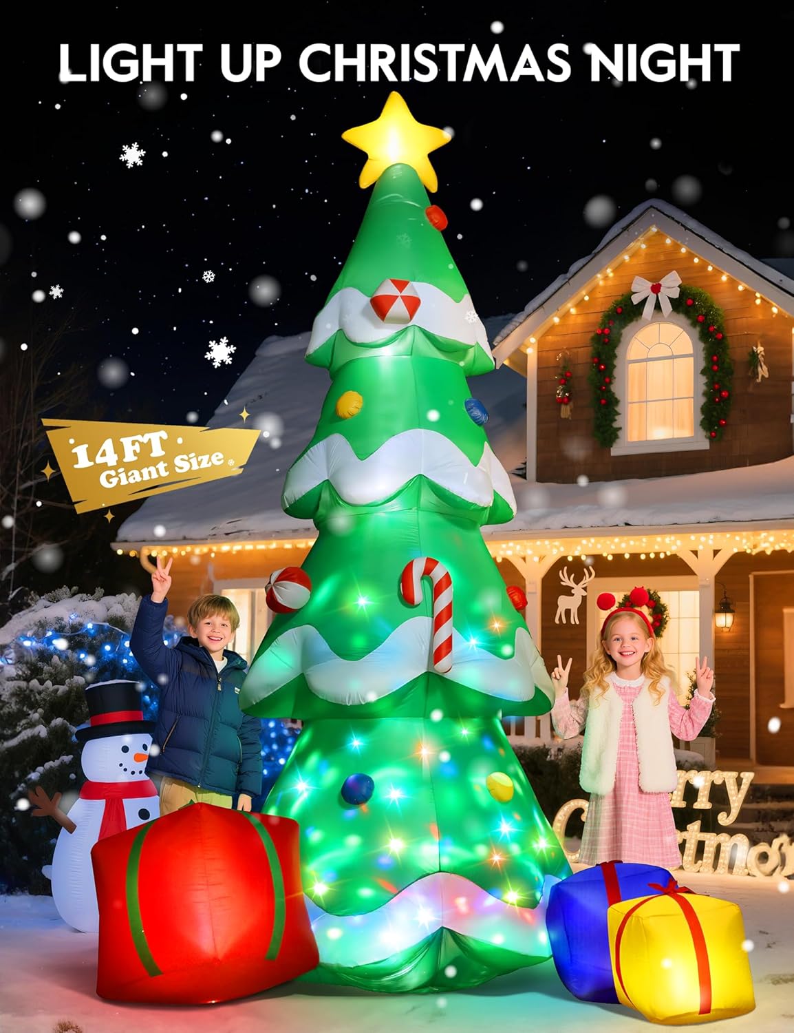 Dawdix 14FT Christmas Tree Inflatable Outdoor Decoration, Giant Christmas Inflatables Tree with 3 Gift Boxes, Lighted Christmas Decoration for Yard, Blow Up Xmas New Year Lawn Decor