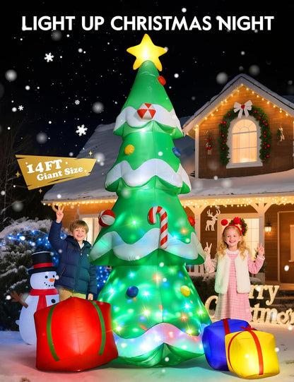 Dawdix 14FT Christmas Tree Inflatable Outdoor Decoration, Giant Christmas Inflatables Tree with 3 Gift Boxes, Lighted Christmas Decoration for Yard, Blow Up Xmas New Year Lawn Decor