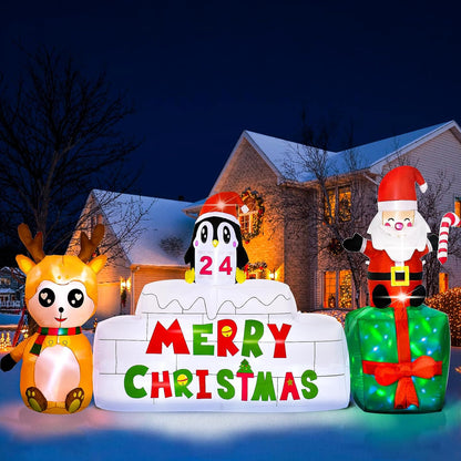 8 Ft Outdoor Inflatable Snowman Christmas Decoration with Rotating LED Lights, Dog Inflatable Xmas Yard Decor