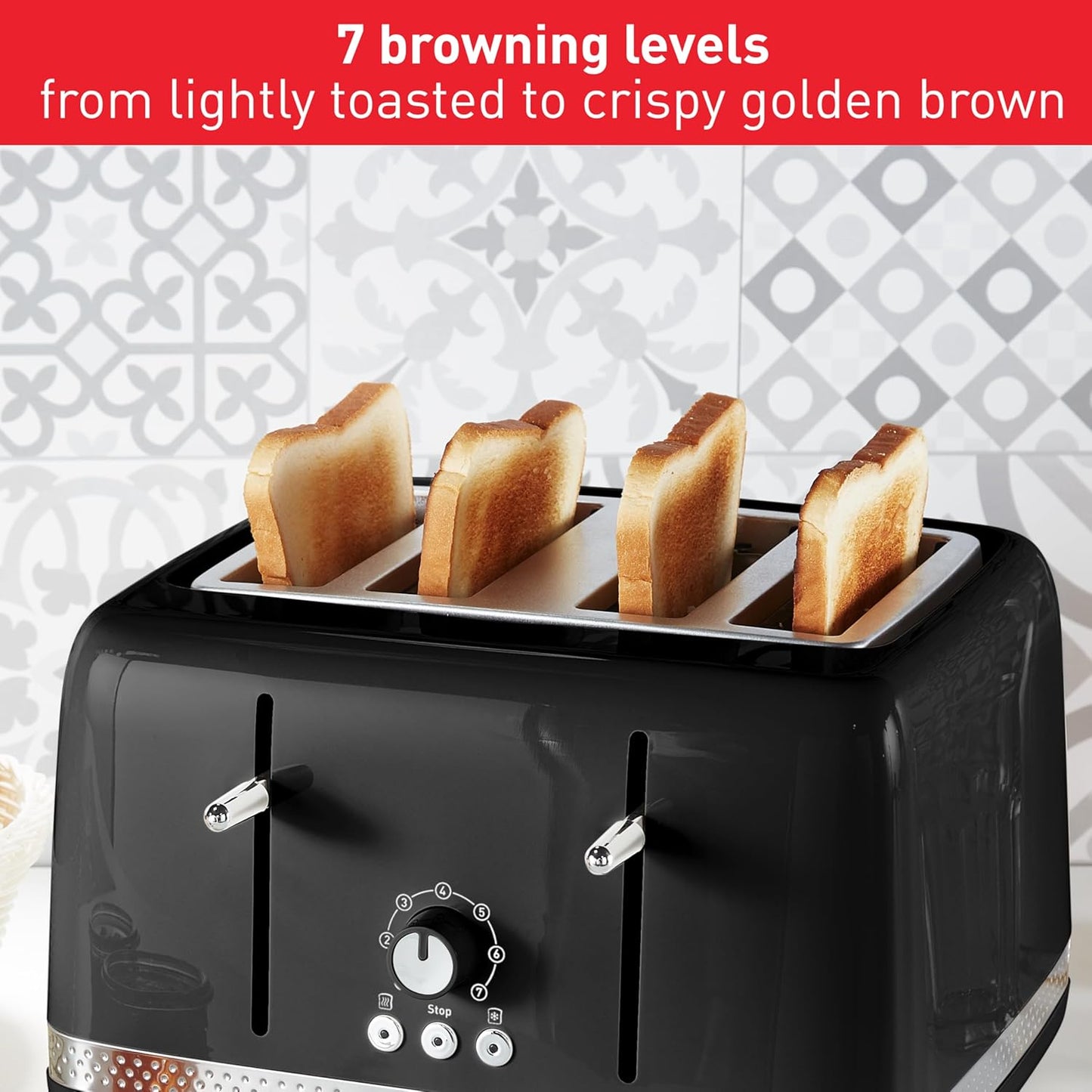 Tefal Soleil 4-Slot Toaster, 7 Browning Levels, Defrost, Stop + Reheat Functions, Removable Crumb Tray, High-lift + Self-Centring Racks, 1,430W, TF3058G0, Premium Glossy Black