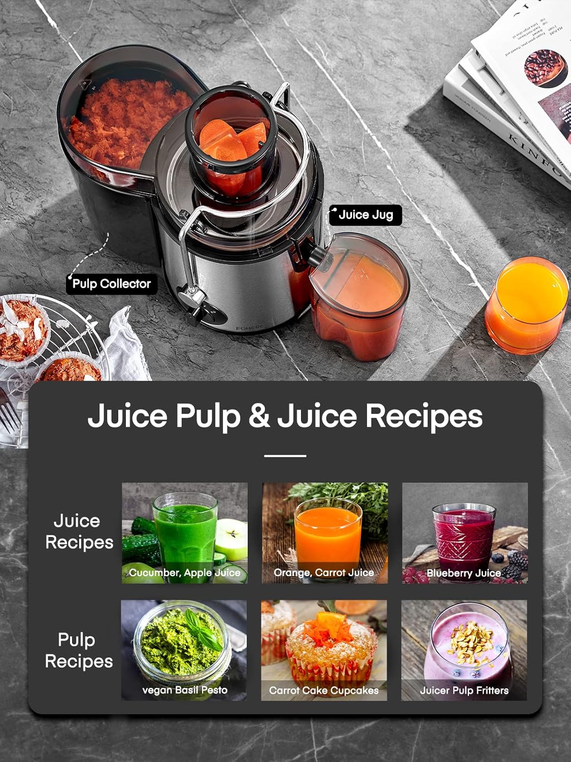 Juicer Machines, FOHERE Centrifugal Juicer Extractor Max Power 900W,Large 3” Feed Chute for Whole Fruit and Vegetables,3 Speed Control, 400w Motor,Cleaning Brush and Recipe Included (Silver)