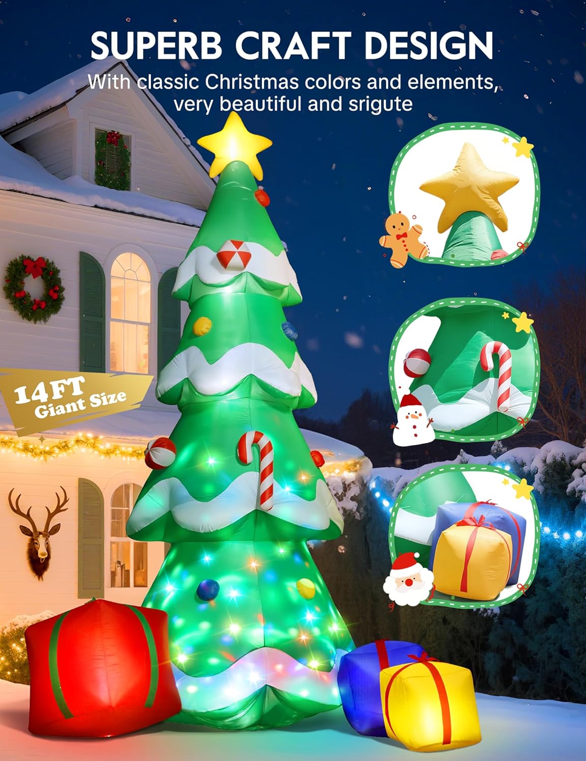 Dawdix 14FT Christmas Tree Inflatable Outdoor Decoration, Giant Christmas Inflatables Tree with 3 Gift Boxes, Lighted Christmas Decoration for Yard, Blow Up Xmas New Year Lawn Decor
