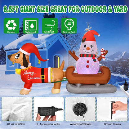 8 Ft Outdoor Inflatable Snowman Christmas Decoration with Rotating LED Lights, Dog Inflatable Xmas Yard Decor