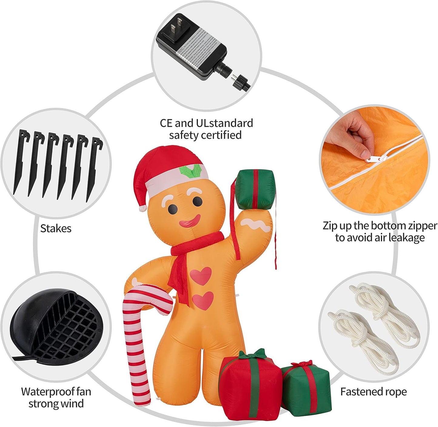 Peyton 8FT Inflatable Gingerbread Man with Candy Cane and Three Gift Boxes,LED Lighted Christmas Decoration Indoor and Outdoor.