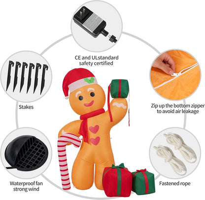 Peyton 8FT Inflatable Gingerbread Man with Candy Cane and Three Gift Boxes,LED Lighted Christmas Decoration Indoor and Outdoor.