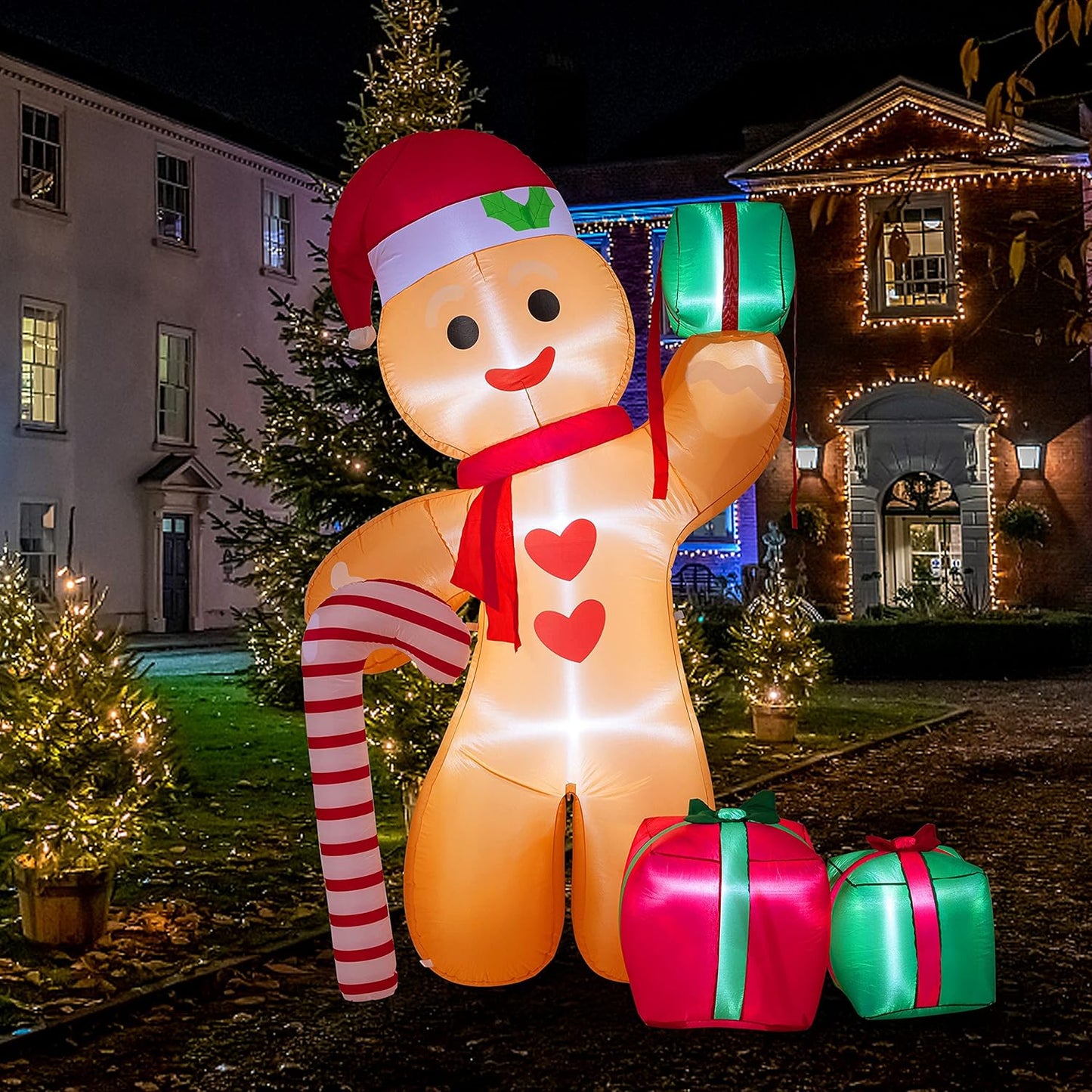 Peyton 8FT Inflatable Gingerbread Man with Candy Cane and Three Gift Boxes,LED Lighted Christmas Decoration Indoor and Outdoor.