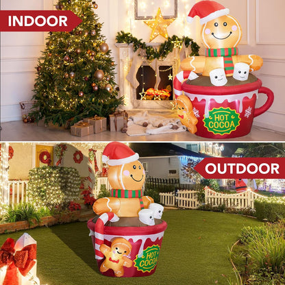 ZPISF 6 FT Christmas Inflatables Outdoor Decorations, Cute Christmas Blow Up Yard Decorations Gingerbread Man in Hot Cocoa Mug Scene for Garden Lawn Xmas Decor