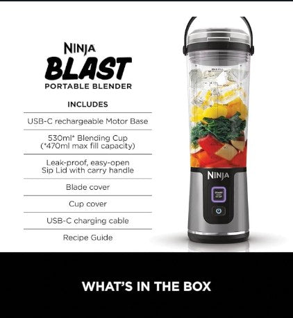 Ninja Blast Portable Blender, 530ml, Leakproof Lid & Sip Spout, Powerful Cordless Mini Blender, Rechargeable, Portable Smoothies, Protein Shakes, Blends Ice & Frozen Fruit, Black, BC151UKBK