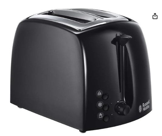 Russell Hobbs Textures 2 Slice Toaster (Extra Wide Slots, 6 Browning levels, Frozen, cancel & reheat function with indicator lights, Removable crumb tray, 850W, Black matt & high gloss finish) 21641