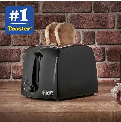 Russell Hobbs Textures 2 Slice Toaster (Extra Wide Slots, 6 Browning levels, Frozen, cancel & reheat function with indicator lights, Removable crumb tray, 850W, Black matt & high gloss finish) 21641