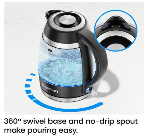 Chefman Electric Kettle, 1.8L 3000W, Hot Water Boiler, Removable Lid for Easy Cleaning, Auto Shut Off, Boil-Dry Protection, Stainless Steel Filter, BPA Free...