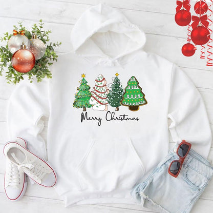 Merry Christmas Hoodie, Christmas Hoodies, Christmas Jumper, Christmas Jumpers For Women, Xmas Jumper, Santa, Snow Man, Green Tree (Hoodie)