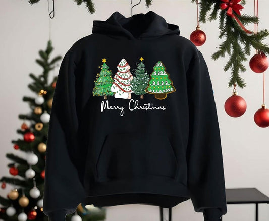 Merry Christmas Hoodie, Christmas Hoodies, Christmas Jumper, Christmas Jumpers For Women, Xmas Jumper, Santa, Snow Man, Green Tree (Hoodie)