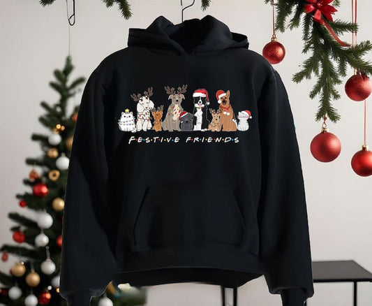 Merry Christmas Hoodie, Christmas Hoodies, Christmas Jumper, Christmas Jumpers For Women, Xmas Jumper, Santa ,Doggy Friends (Hoodie)