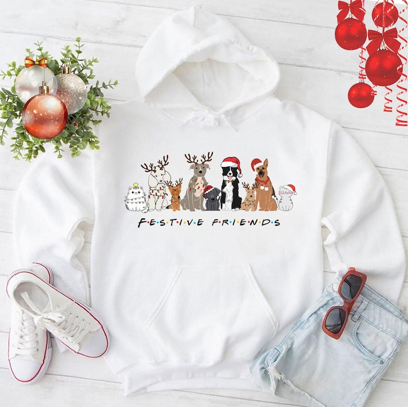 Merry Christmas Hoodie, Christmas Hoodies, Christmas Jumper, Christmas Jumpers For Women, Xmas Jumper, Santa ,Doggy Friends (Hoodie)