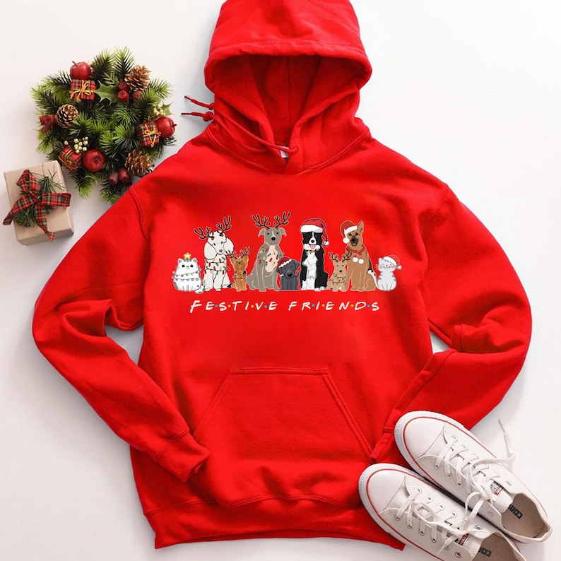 Merry Christmas Hoodie, Christmas Hoodies, Christmas Jumper, Christmas Jumpers For Women, Xmas Jumper, Santa ,Doggy Friends (Hoodie)