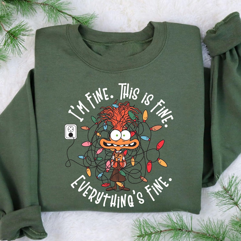 It's Fine This Is Fine Everything Is Fine Christmas Light Sweatshirt, Disney Anxiety Christmas Lights Sweater, Inside Out Christmas Hoodie