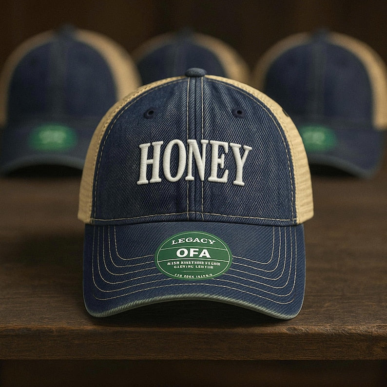 Honey Embroidered Trucker Hat: Vintage Distressed Denim Baseball Cap