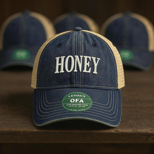 Honey Embroidered Trucker Hat: Vintage Distressed Denim Baseball Cap