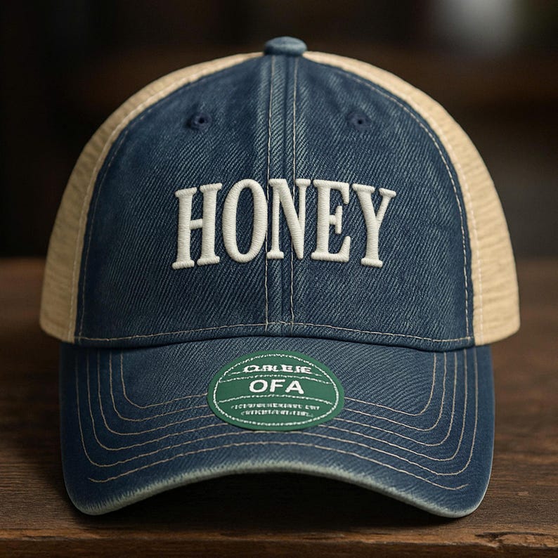 Honey Embroidered Trucker Hat: Vintage Distressed Denim Baseball Cap