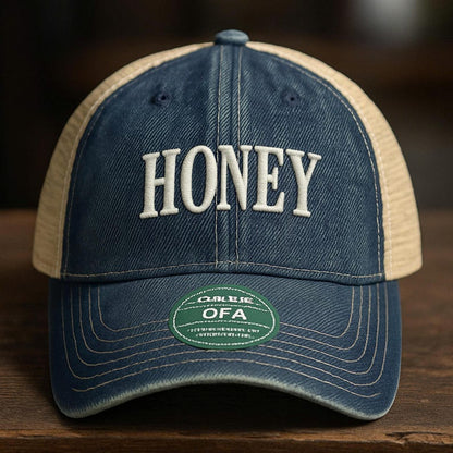Honey Embroidered Trucker Hat: Vintage Distressed Denim Baseball Cap