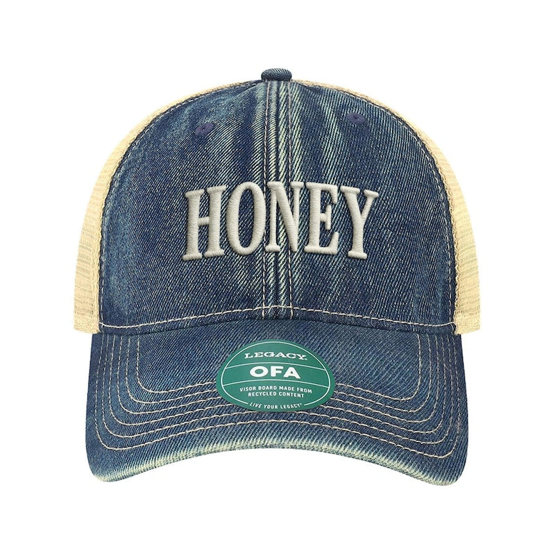 Honey Embroidered Trucker Hat: Vintage Distressed Denim Baseball Cap
