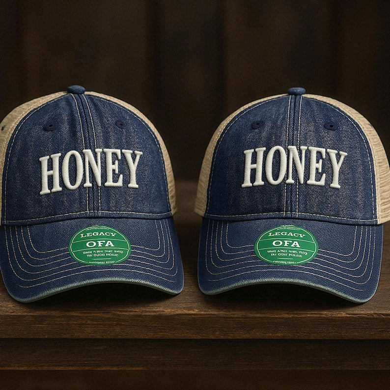 Honey Embroidered Trucker Hat: Vintage Distressed Denim Baseball Cap
