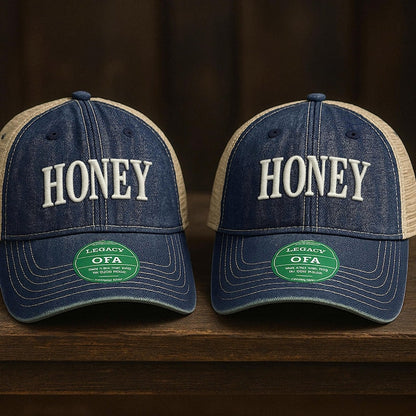 Honey Embroidered Trucker Hat: Vintage Distressed Denim Baseball Cap