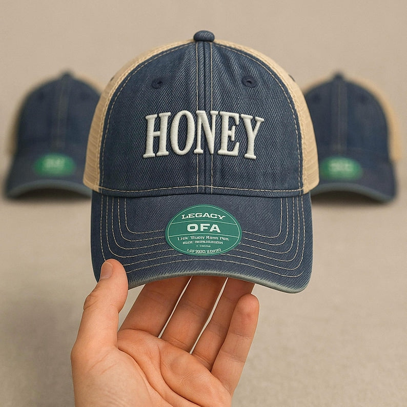 Honey Embroidered Trucker Hat: Vintage Distressed Denim Baseball Cap