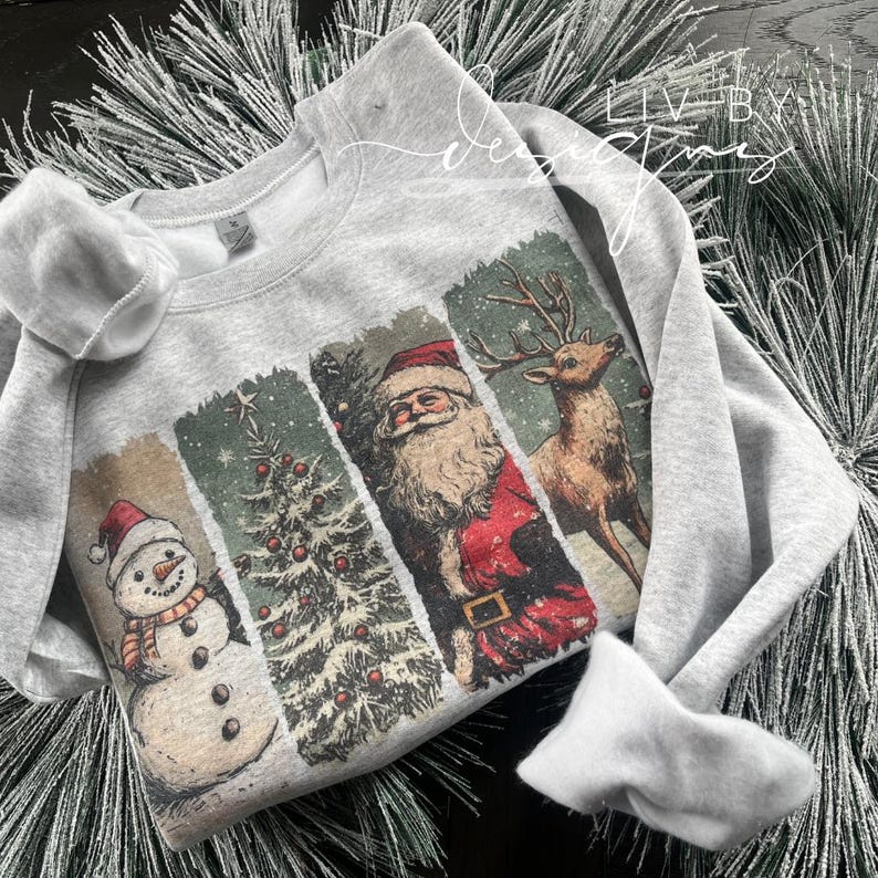 Vintage Christmas Crewneck Sweatshirt | Gildan Sublimated Holiday Pullover | Retro Santa Sweater | Cozy Christmas Gift Sweatshirt