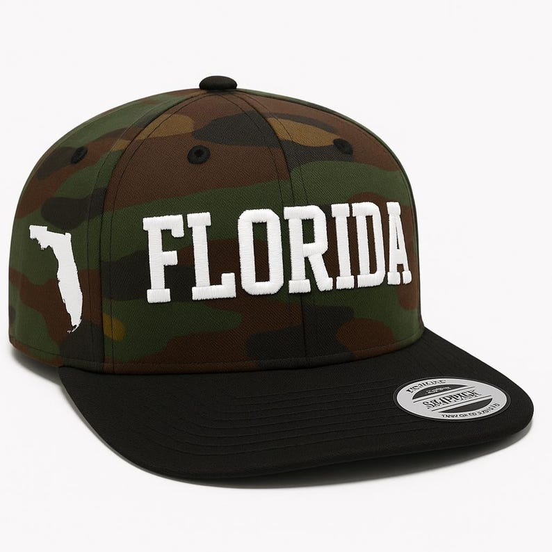 Florida Embroidered Snapback Hat – Adjustable Flat Bill Cap with State Outline, Streetwear Baseball Cap