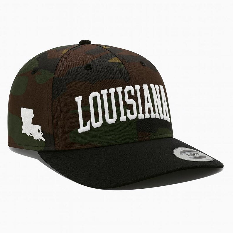Embroidered Louisiana State Outline Baseball Cap: Flat Bill Snapback
