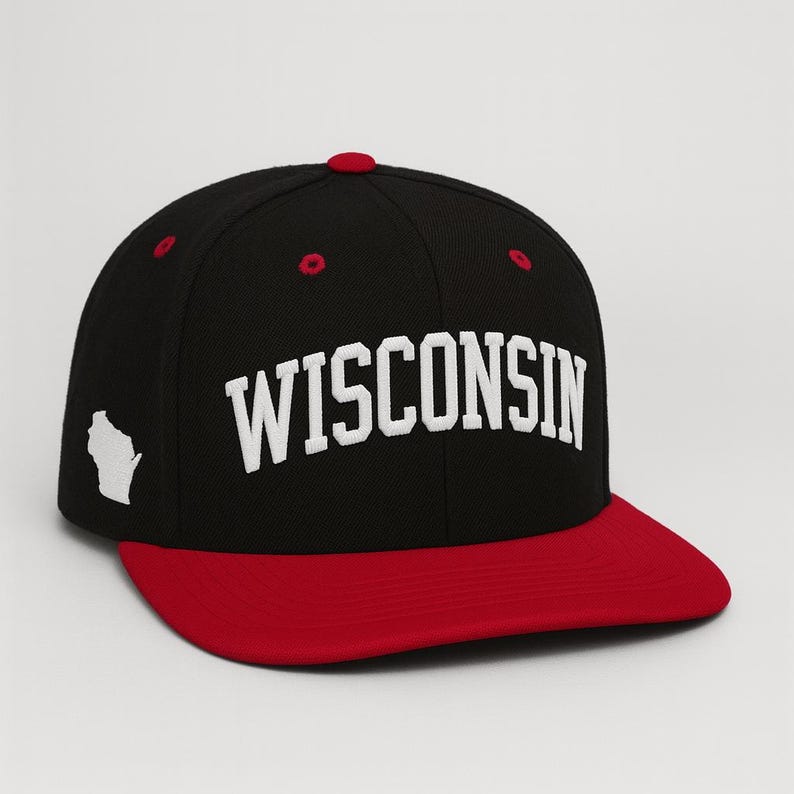 Embroidered Wisconsin State Outline Cap: Flat Bill Snapback