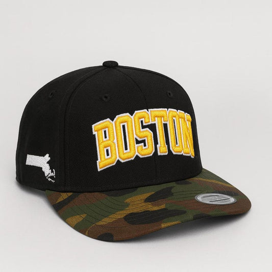 Embroidered Boston Baseball Cap: Massachusetts Outline, Flat Bill Snapback