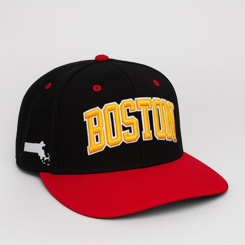 Embroidered Boston Baseball Cap: Massachusetts Outline, Flat Bill Snapback