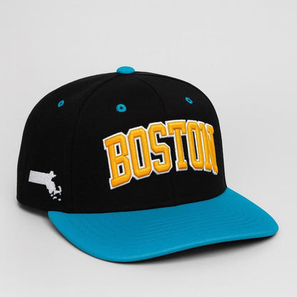 Embroidered Boston Baseball Cap: Massachusetts Outline, Flat Bill Snapback