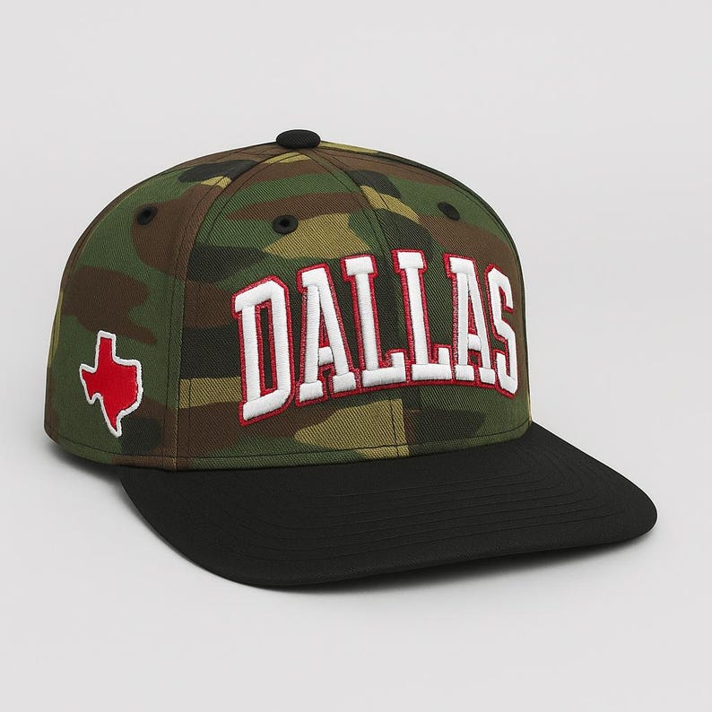 Dallas Embroidered Baseball Cap: Texas Outline, Flat Bill Snapback