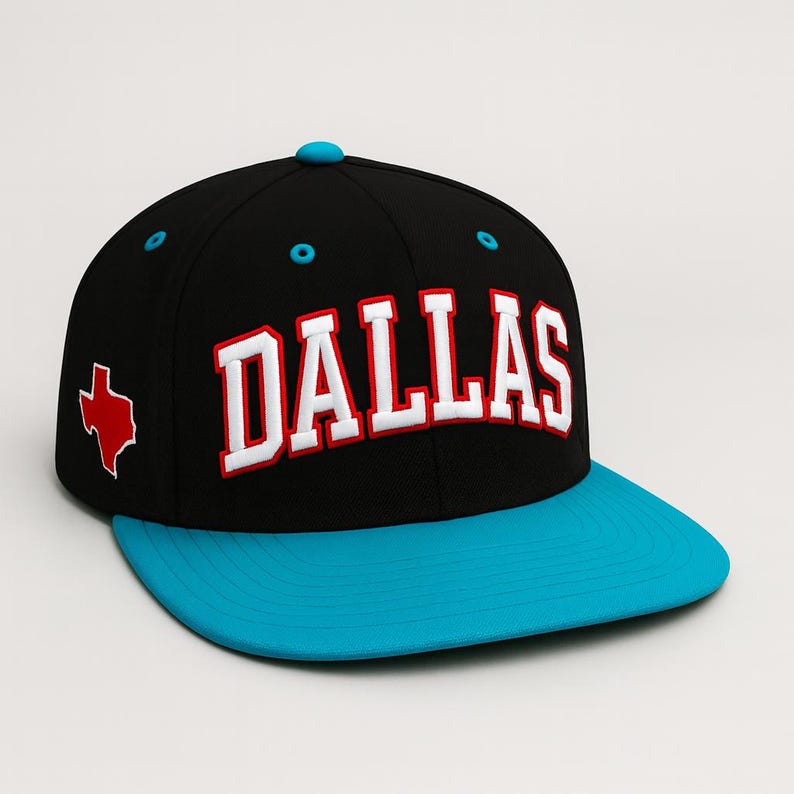 Dallas Embroidered Baseball Cap: Texas Outline, Flat Bill Snapback