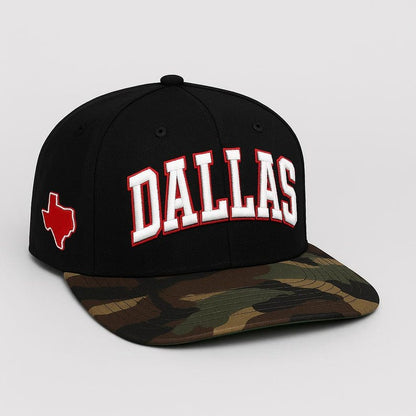Dallas Embroidered Baseball Cap: Texas Outline, Flat Bill Snapback
