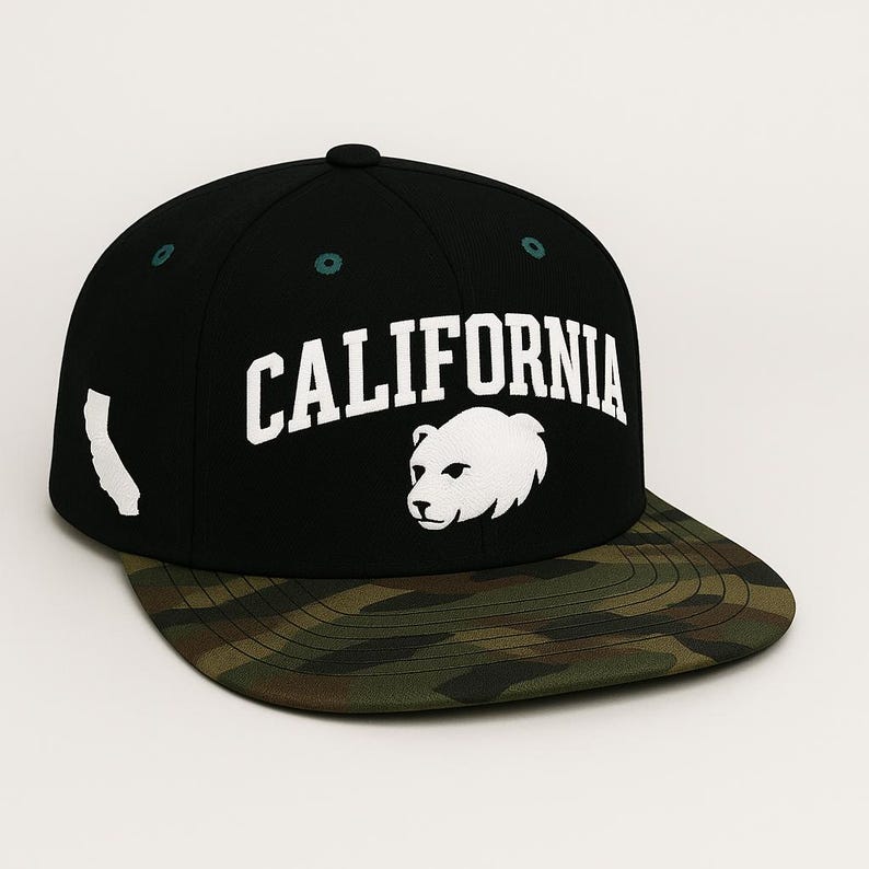 Embroidered California Black Bear Cap: Flat Bill Snapback