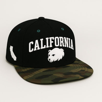 Embroidered California Black Bear Cap: Flat Bill Snapback